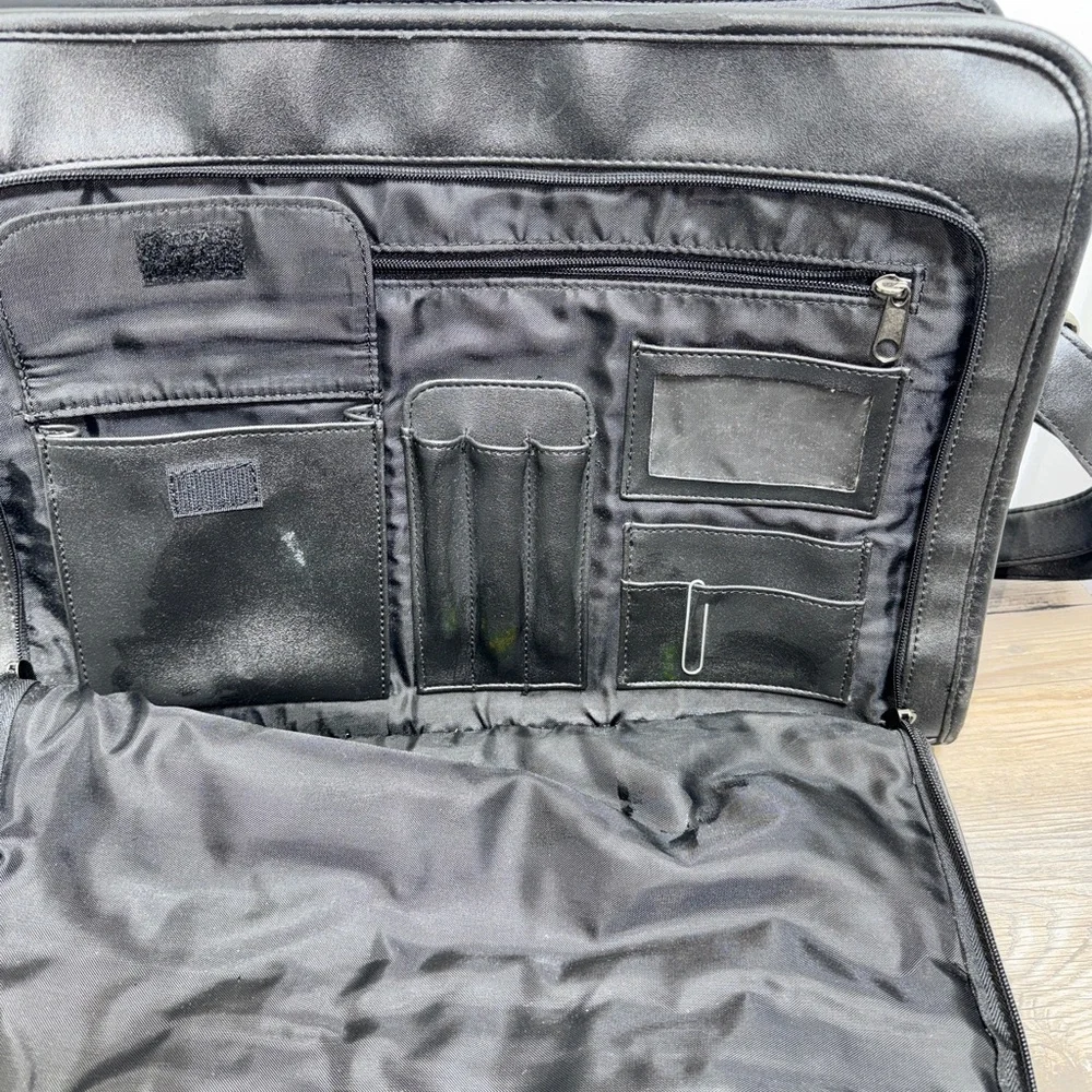 Men's Black Leather Laptop Briefcase with Multiple Pockets and Zippers